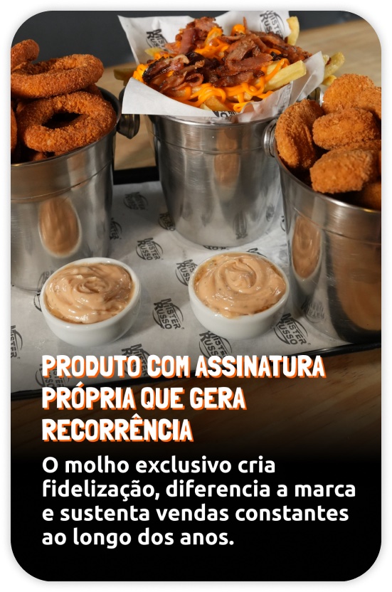 Porções de batatas fritas, anéis de cebola, nuggets e molho apresentadas pela Mister Russo